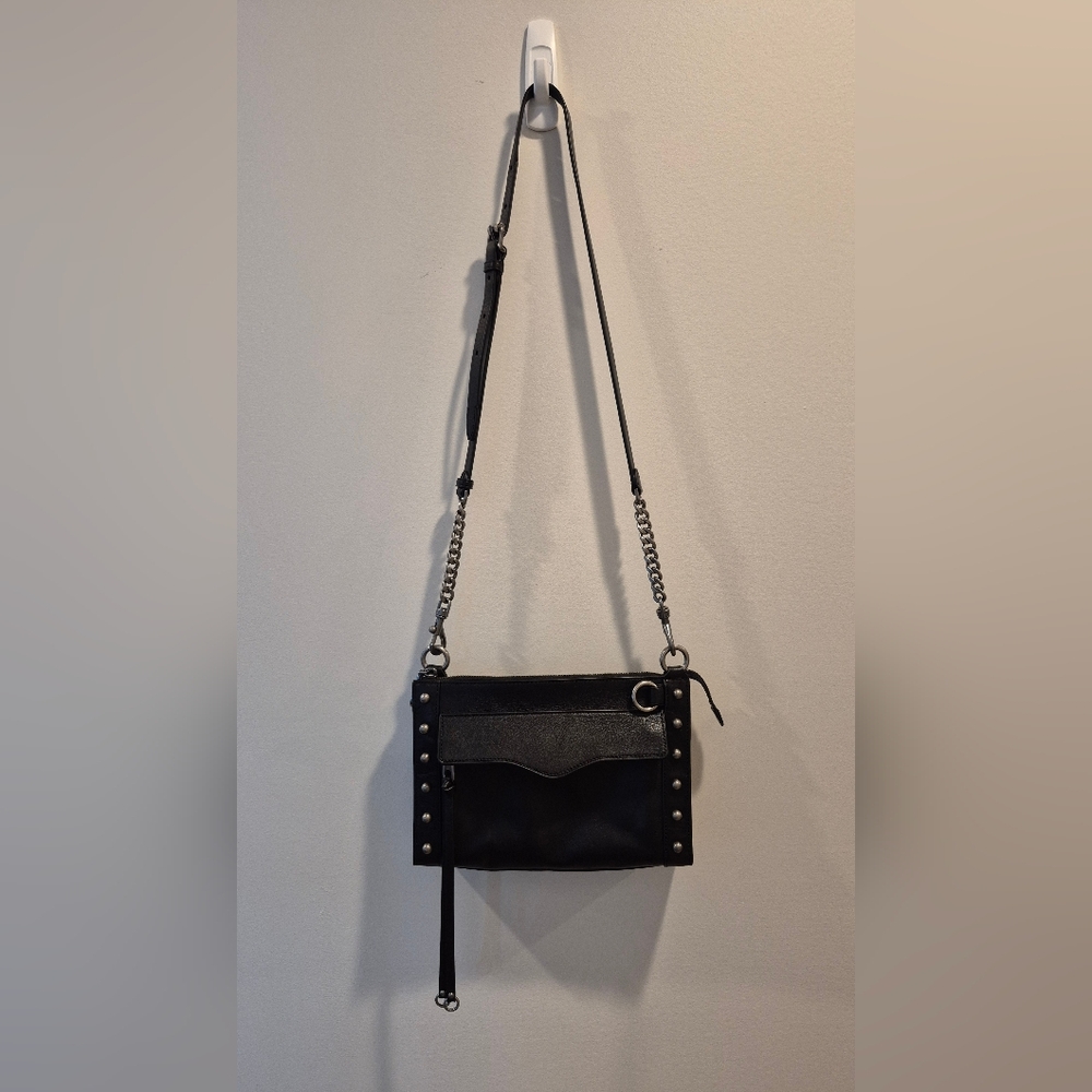 Rebecca Minkoff MAB Xbody Bag Black Leather Crossbody Gunmetal Studs Chain